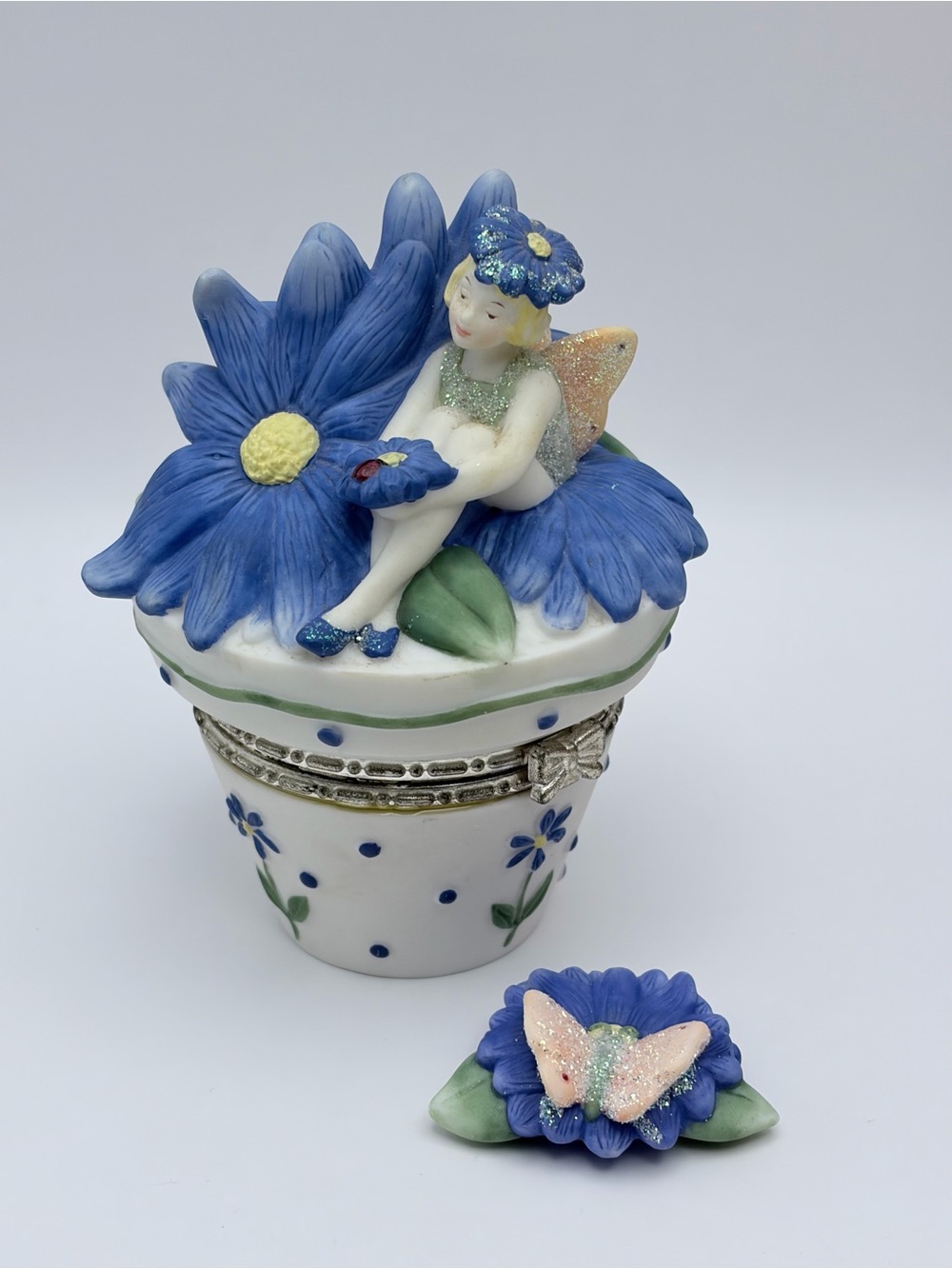 Vintage, Pfaltzgraff, Porcelain Trinket Box, Fairy, Ladybug, Butterfly Trinket